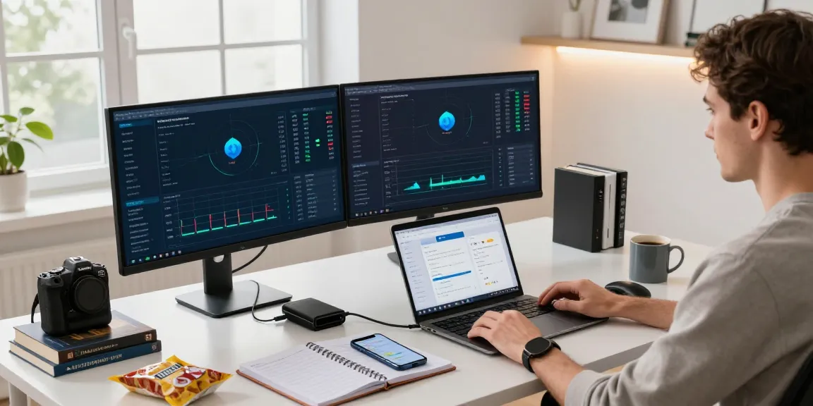 Crypto mining service illustrated in a modern office with dual monitors showing mining profitability charts and a digital wallet.