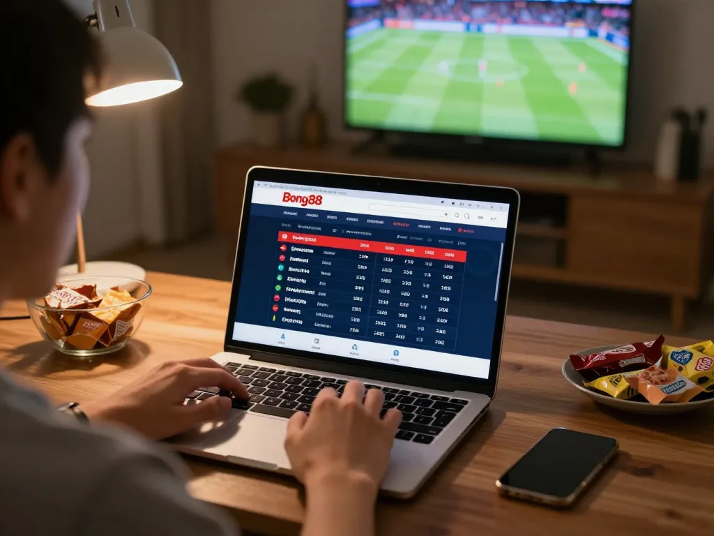 Bong88 user actively placing sports bets using a laptop in a cozy home setting, showcasing online gambling.
