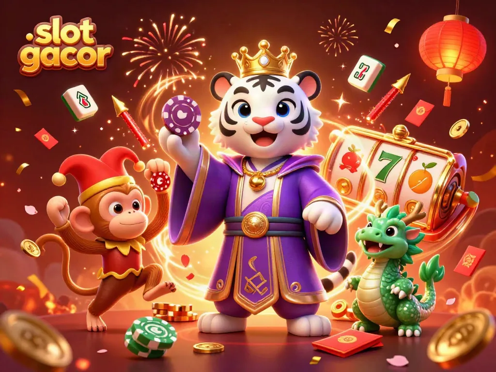 Experience slot gacor with a vibrant scene featuring a royal tiger, juggling monkey, and dynamic game elements.