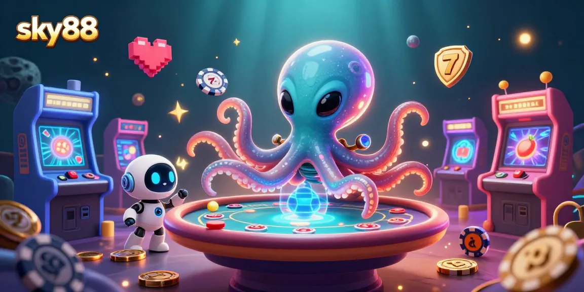 Experience thrilling gaming action at sky88 with an alien octopus and robot at a poker table.