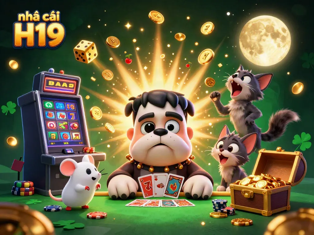 Experience the excitement of nhà cái H19 with a lively casino scene including a Frankenstein monster dealer and golden jackpot elements.
