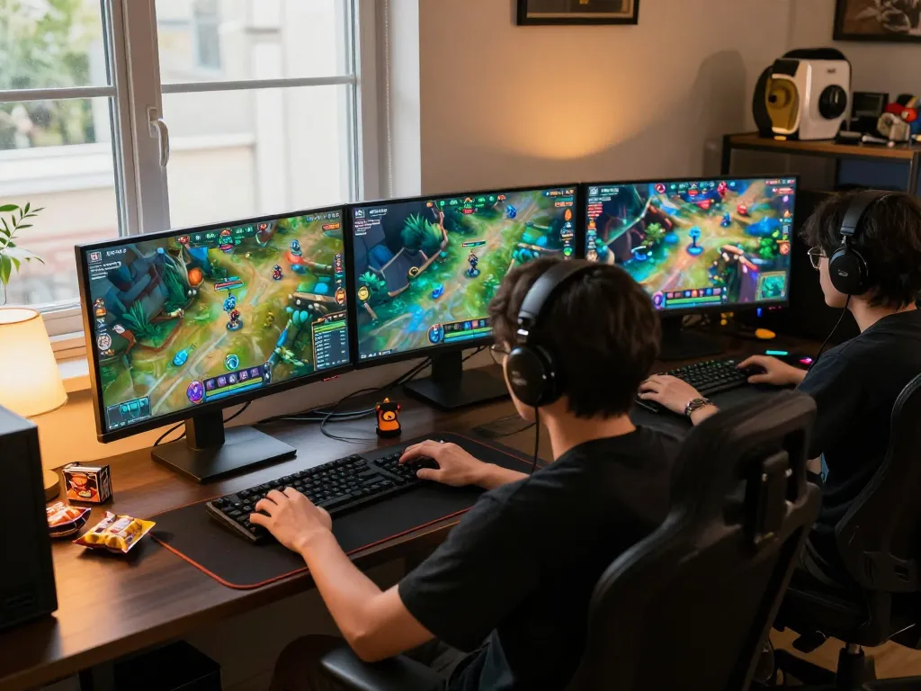KPK100 user strategizing in an engaging online gaming session at home with dual monitors.