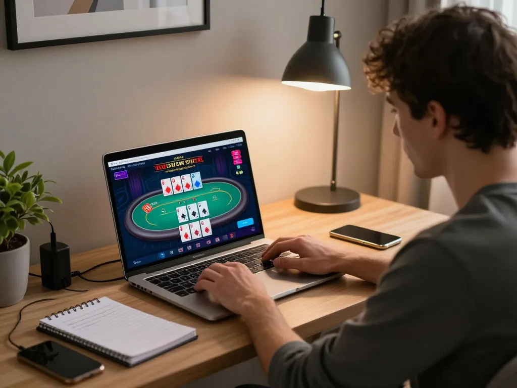 Engaged player using laptop for online casino gaming, showcasing lc888 strategies in a cozy home setting.