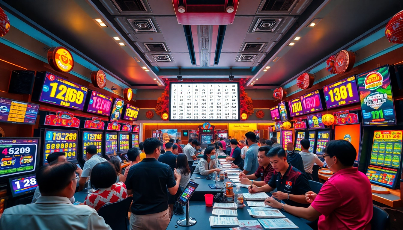 Menggambarkan suasana toto togel di https://festivalcondo.deals-gta.com, dengan pemain dan tiket lotere berwarna-warni.