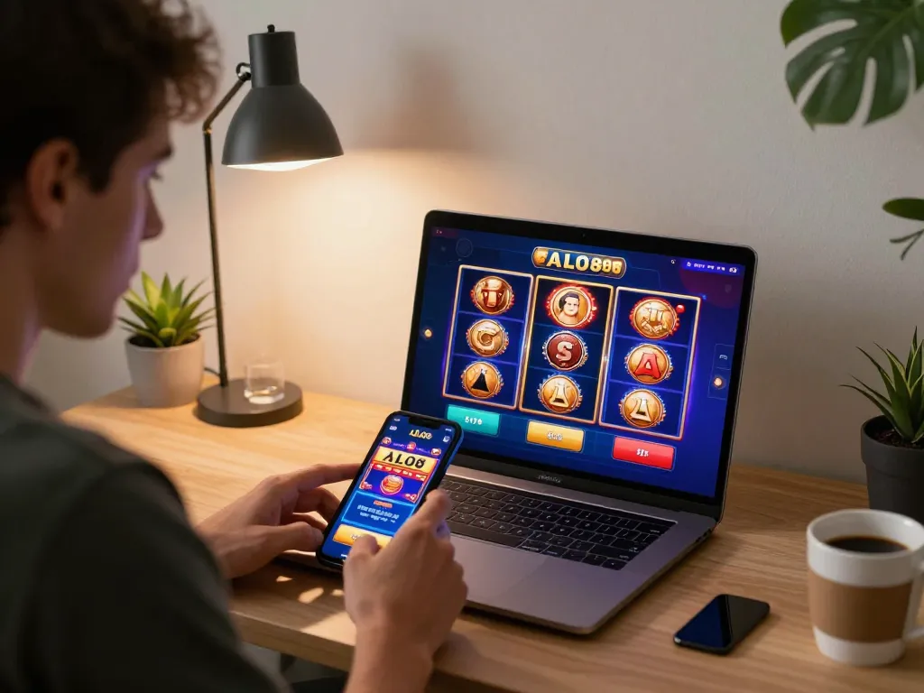 Player engaging in ALO8 games on laptop, highlighting home gaming atmosphere and strategic gameplay.