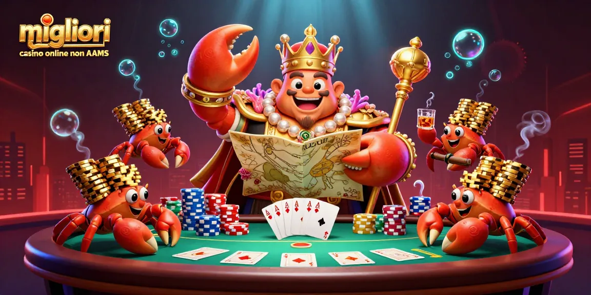 I migliori casino online non AAMS in un'illustrazione 3D con granchio imperatore e attrezzature da poker.