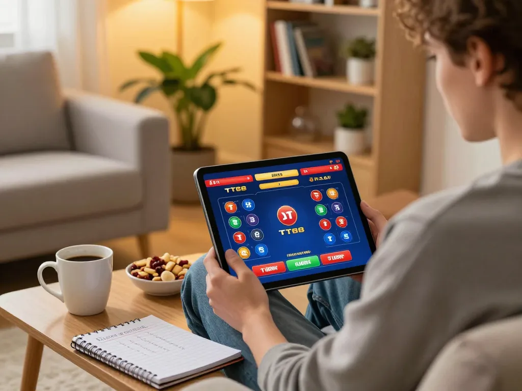 Engaging player analyzing TT88 online betting on tablet with strategy notebook.