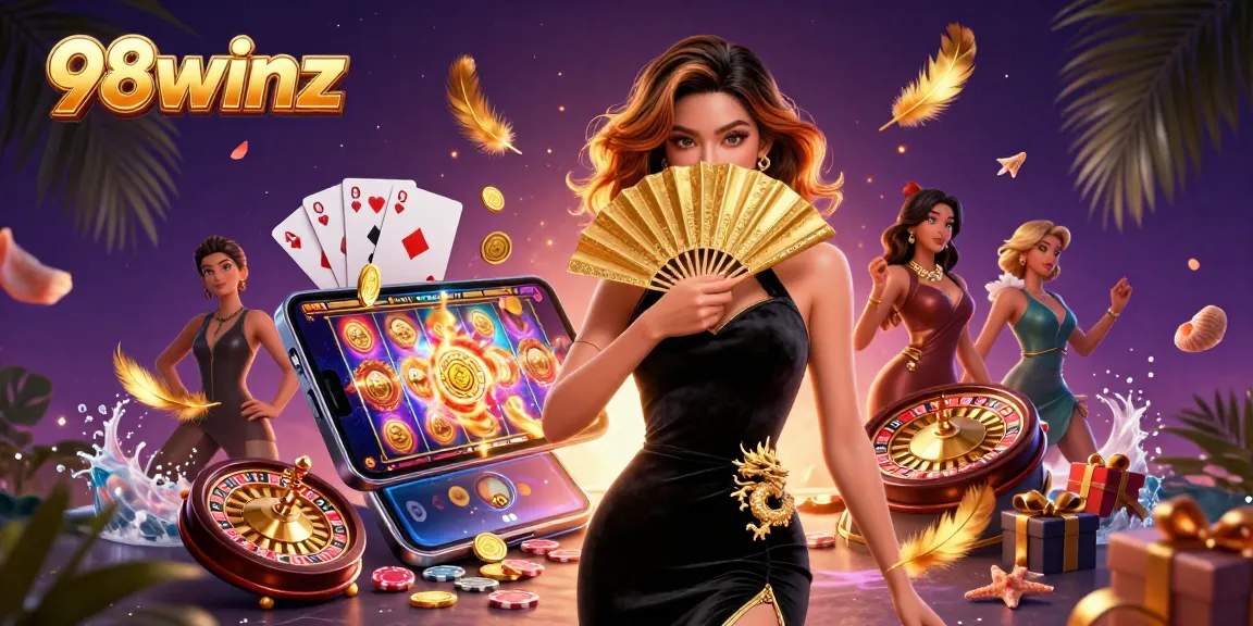 Experience exciting gaming with 98winz as golden coins and vibrant slots create a stunning casino scene.