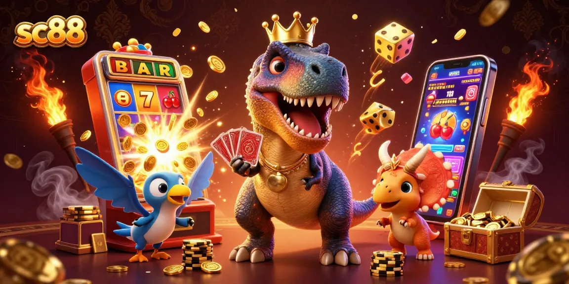 Engage with sc88's vibrant 3D casino scene featuring a cheerful dinosaur showdown!