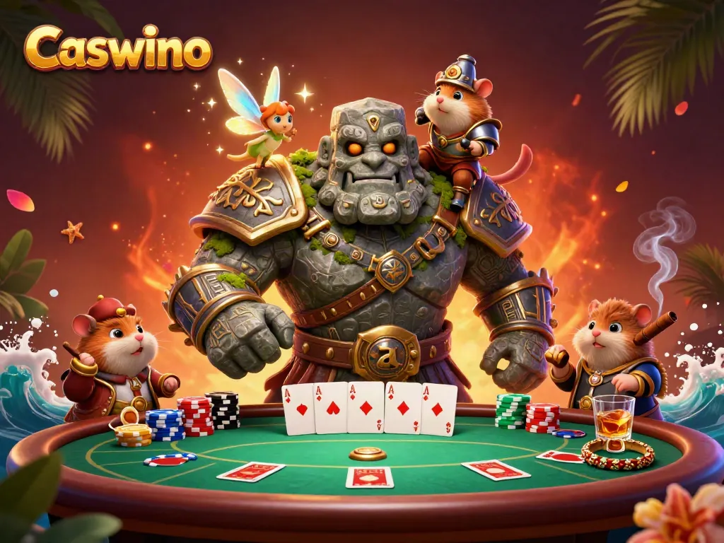 Experience the magical Caswino casino with a 3D scene featuring a lively golem, fairy, and hamster knight at a poker table.