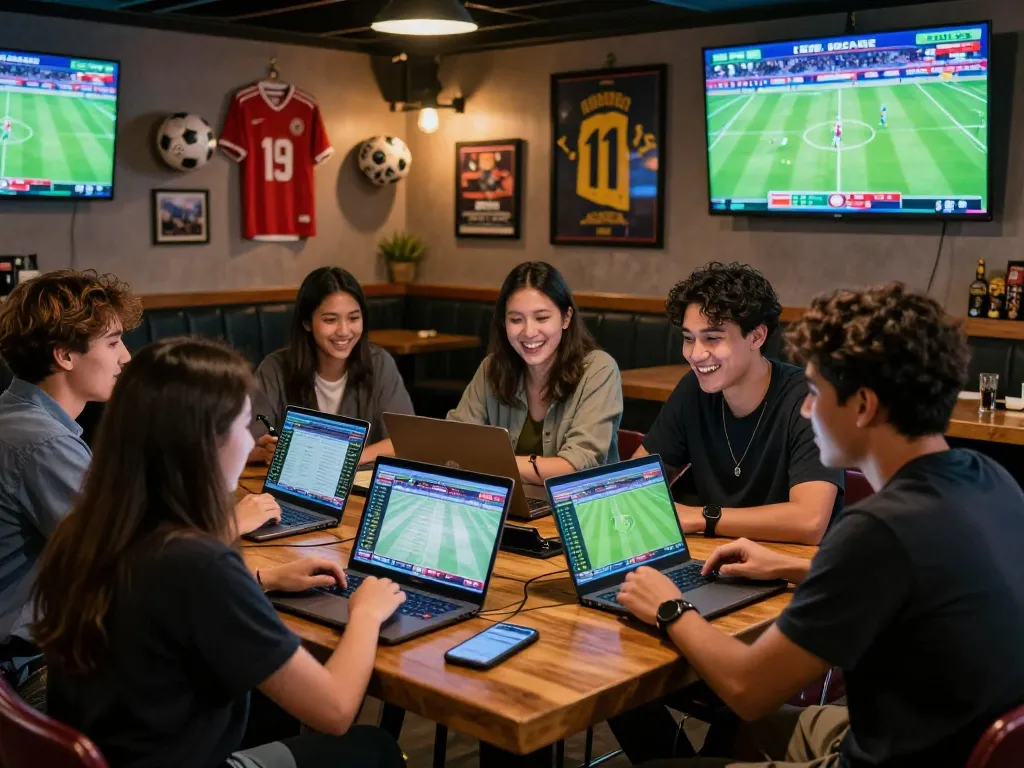 Excited bettors analyzing kèo nhà cái in a vibrant sports bar setting.