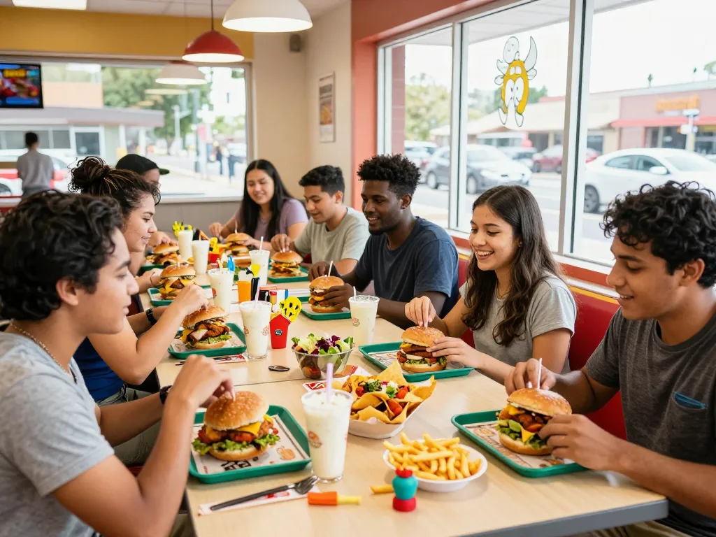 Delicious fast food menu items enjoyed by friends in a lively restaurant
