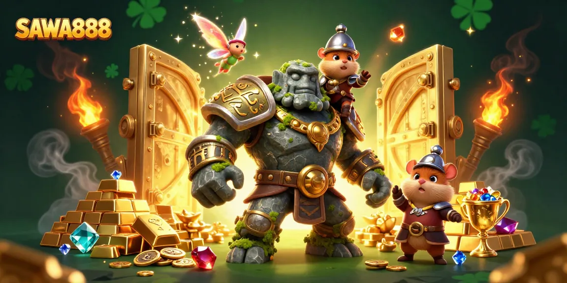 Engage with SAWA888 slots as the golem, fairy, and hamster knight unveil treasures in an epic casino adventure.