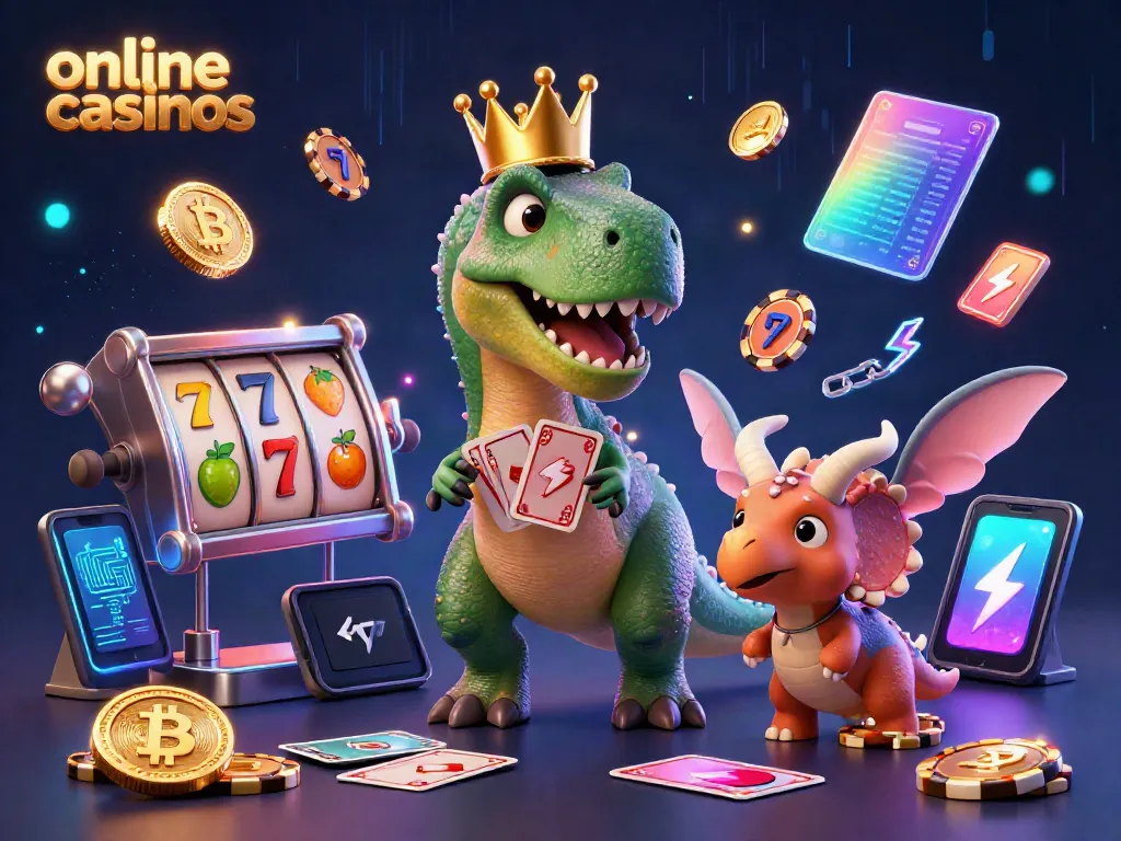 Engage with exciting online casinos featuring a playful T-Rex shuffling cards amidst vibrant slot symbols and digital coins.