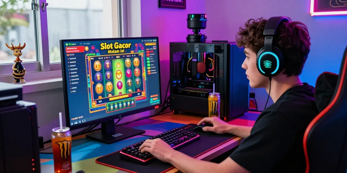 Engaged gamer playing Slot Gacor Malam Ini in a vibrant gaming setup, showcasing excitement and modern gaming culture.