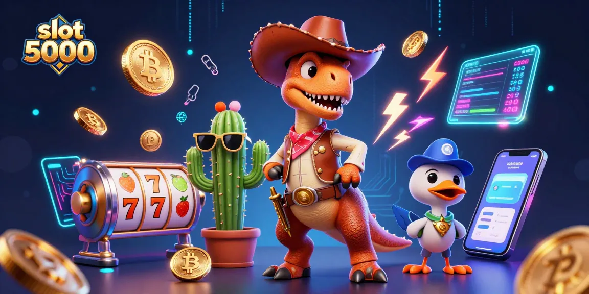 Slot 5000 menghadirkan T-Rex koboi dan kaktus dengan simbol slot berseri menjanjikan kemenangan.