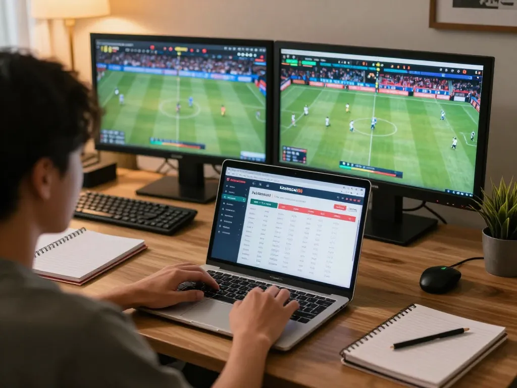 Engaging sports betting scene on keonhacaii88 with user analyzing odds and strategies.