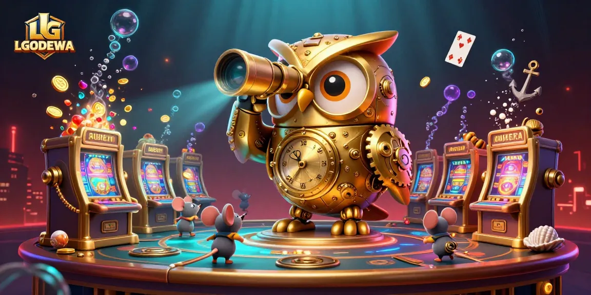 Watch LGODEWA's animated owl scan the casino for winning slots surrounded by vibrant treasures.