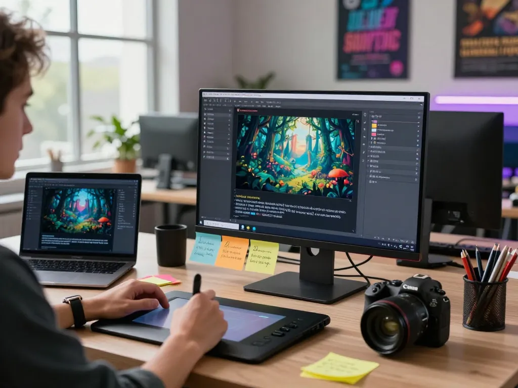 User generating creative prompts with image to prompt ai in a tech workspace showcasing vibrant AI-powered visuals.