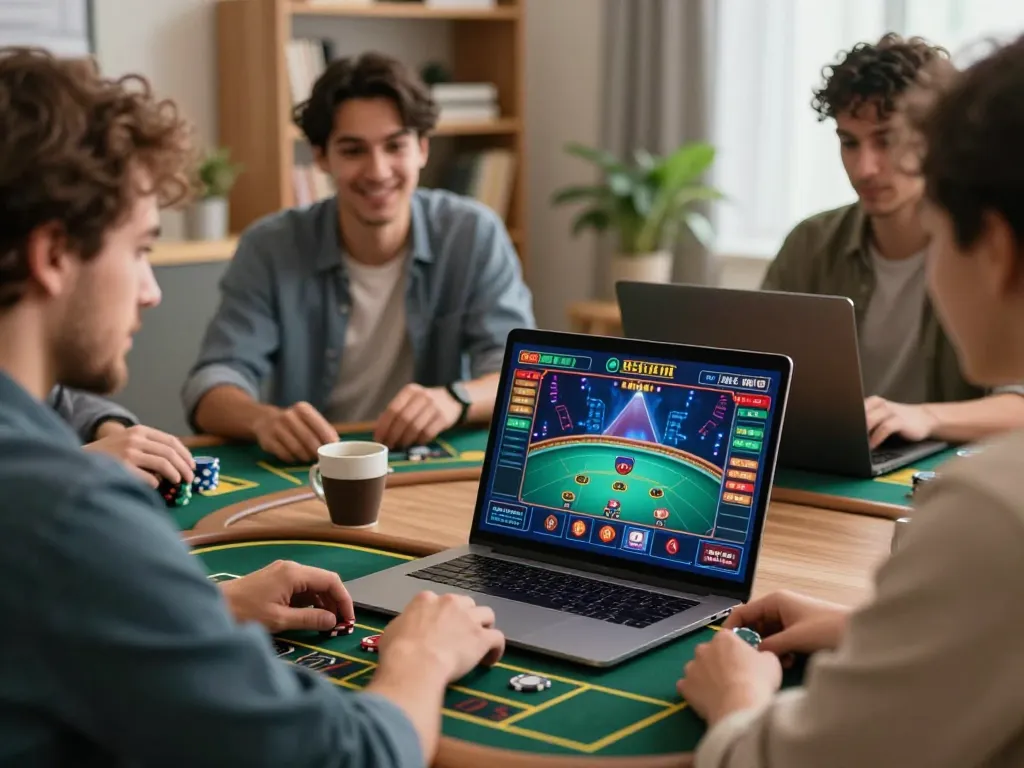 Pemain Jalatogel berinteraksi dengan permainan dealer langsung di laptop dalam suasana rumah yang nyaman.
