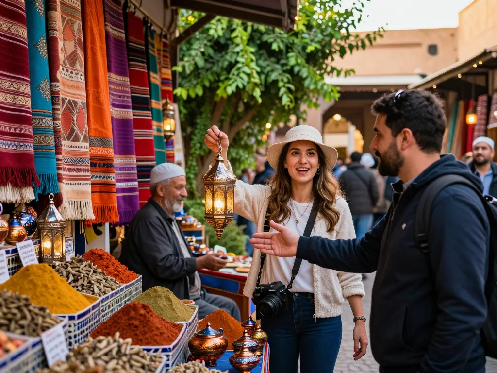Experience the magic of Morocco with our travel company in a vibrant market scene filled with local culture.