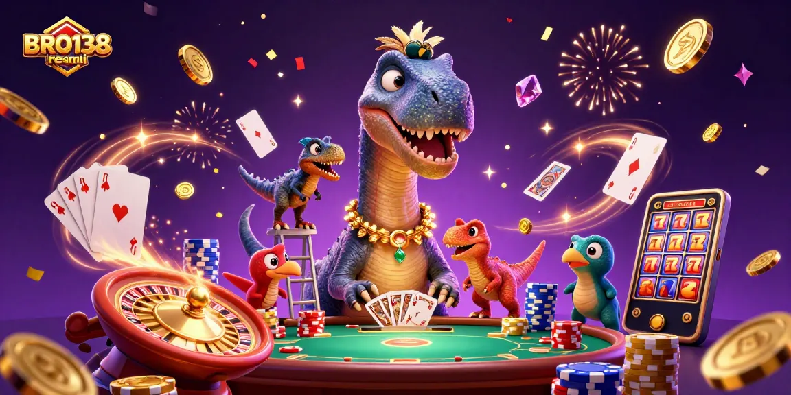 Experience the thrill with BRO138 resmi's animated casino scene featuring grand characters and vibrant gambling elements.
