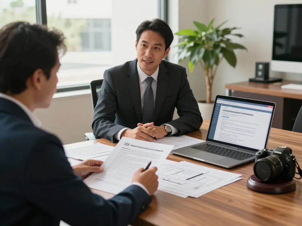 Boca Raton Construction Litigation Lawyer consulting with a contractor about construction contracts in a modern office.