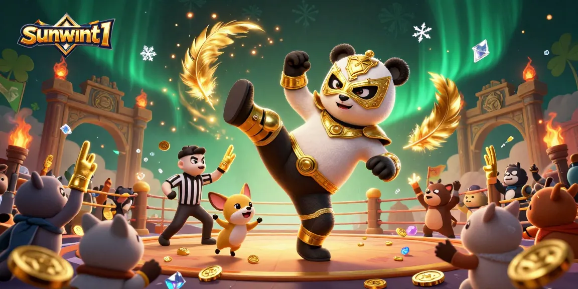 Engage in thrilling action with the sunwint1 panda wrestler amidst a vibrant gambling arena.