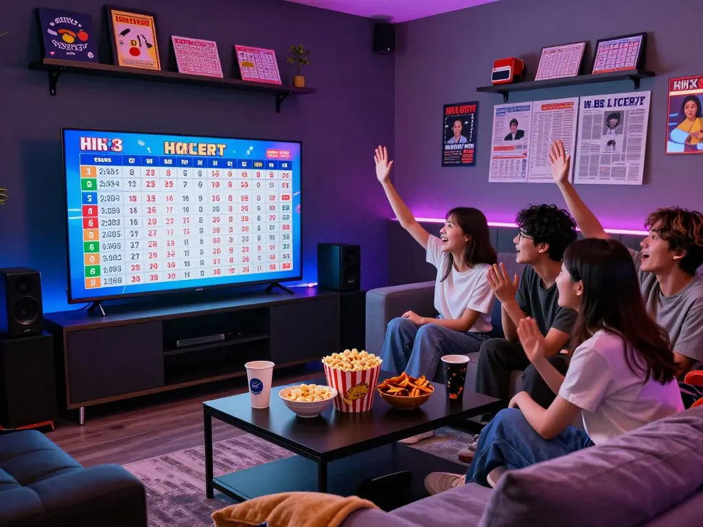 Group of friends excitedly watching HK lottery results in a lively gaming lounge with snacks and drinks.