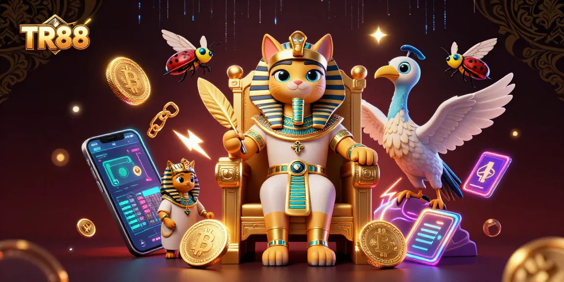 Engage with TR88's vibrant casino experience featuring an Egyptian pharaoh cat amidst glowing cryptocurrency elements.