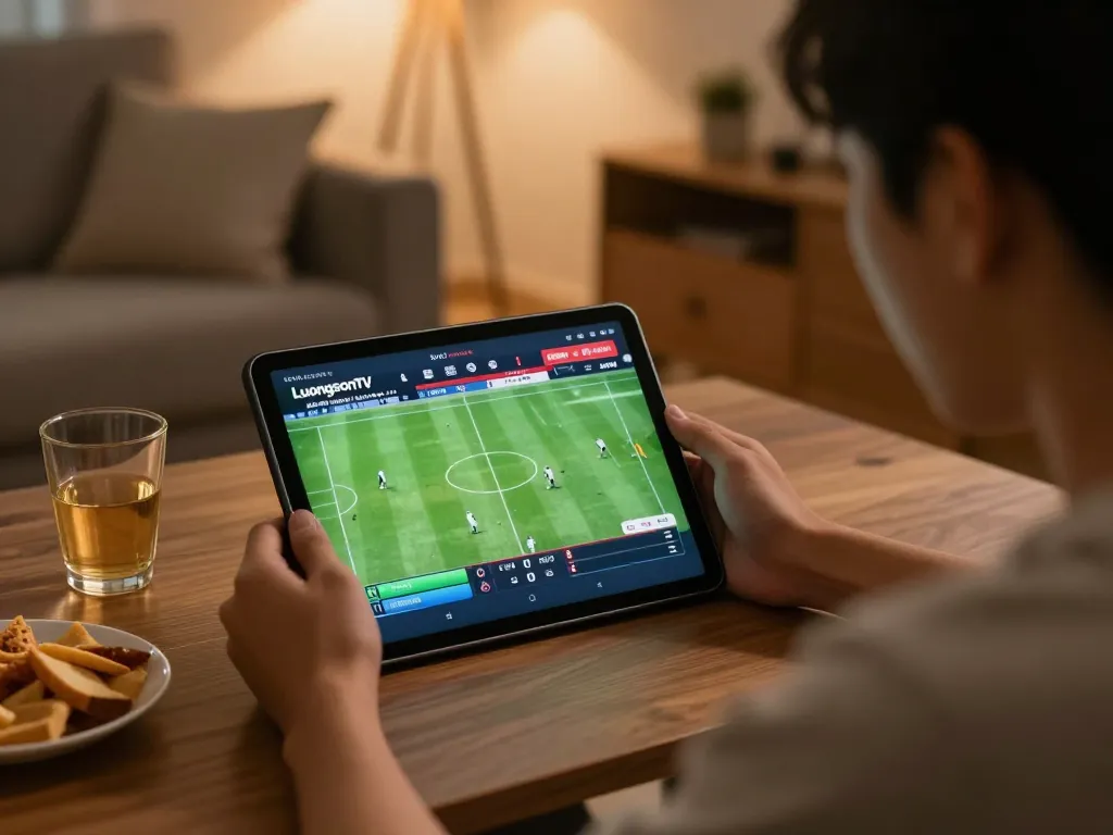 Engaging live football betting experience on Luongsontv through tablet in cozy home.