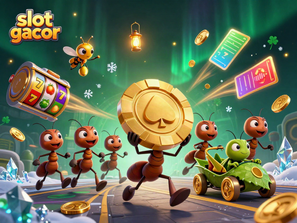 Experience the thrill of slot gacor magic with playful ants carrying a giant poker chip.