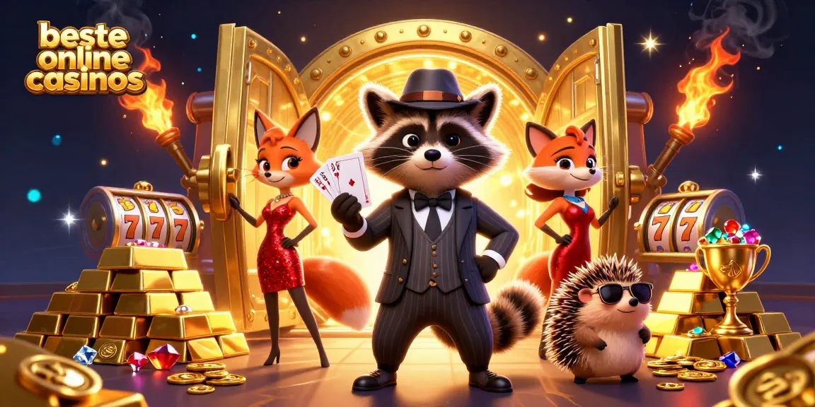 Experience the excitement of beste online casinos with a raccoon, fox, and hedgehog in a vibrant casino scene.