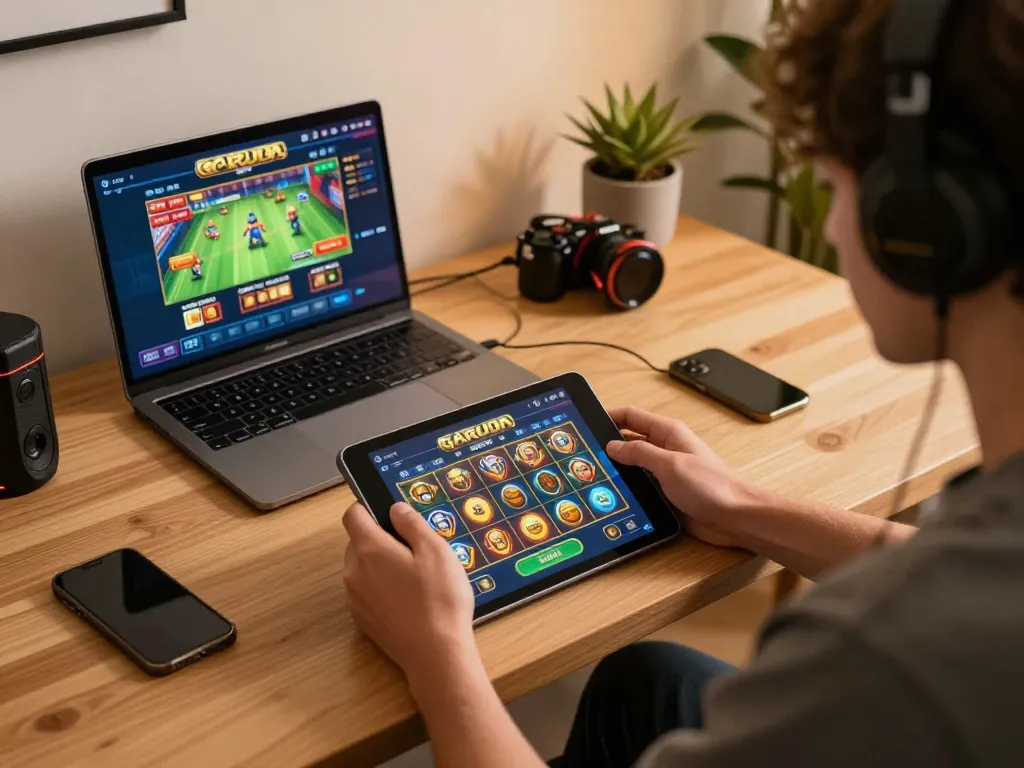 Engaged player enjoying garuda slot on tablet in cozy home gaming setup promoting responsible gambling.