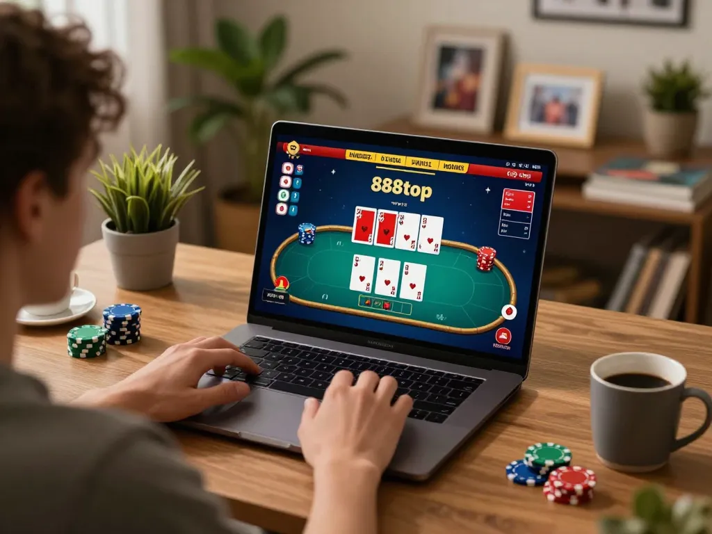 Player analyzing poker strategies on 888top's online gaming platform in cozy home setting.