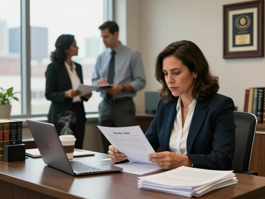 Houston Injury Attorney Sue E. West reviewing case files in a professional law office, showcasing commitment and expertise.