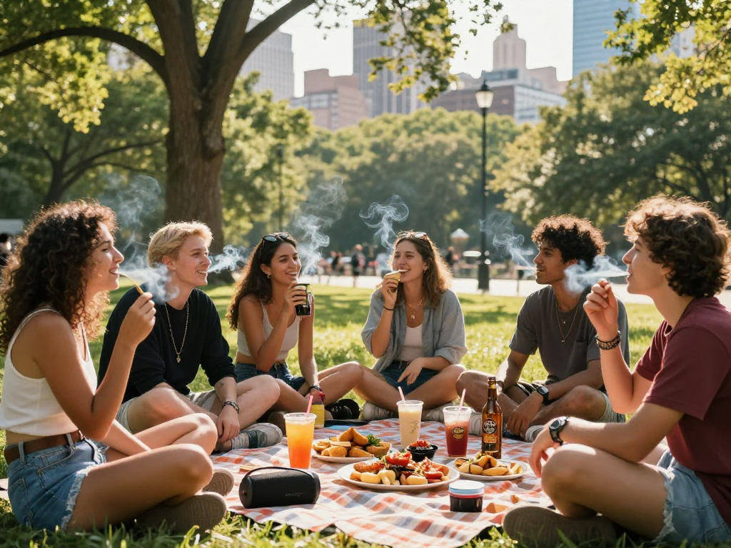 Friends enjoying rokok88 in a vibrant city park with gourmet snacks and music.