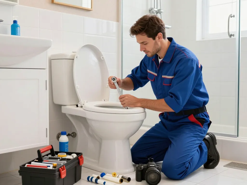 Apex Plumbing Services plumber fixing a toilet in a bright, clean bathroom, showcasing professional expertise and quality repair.