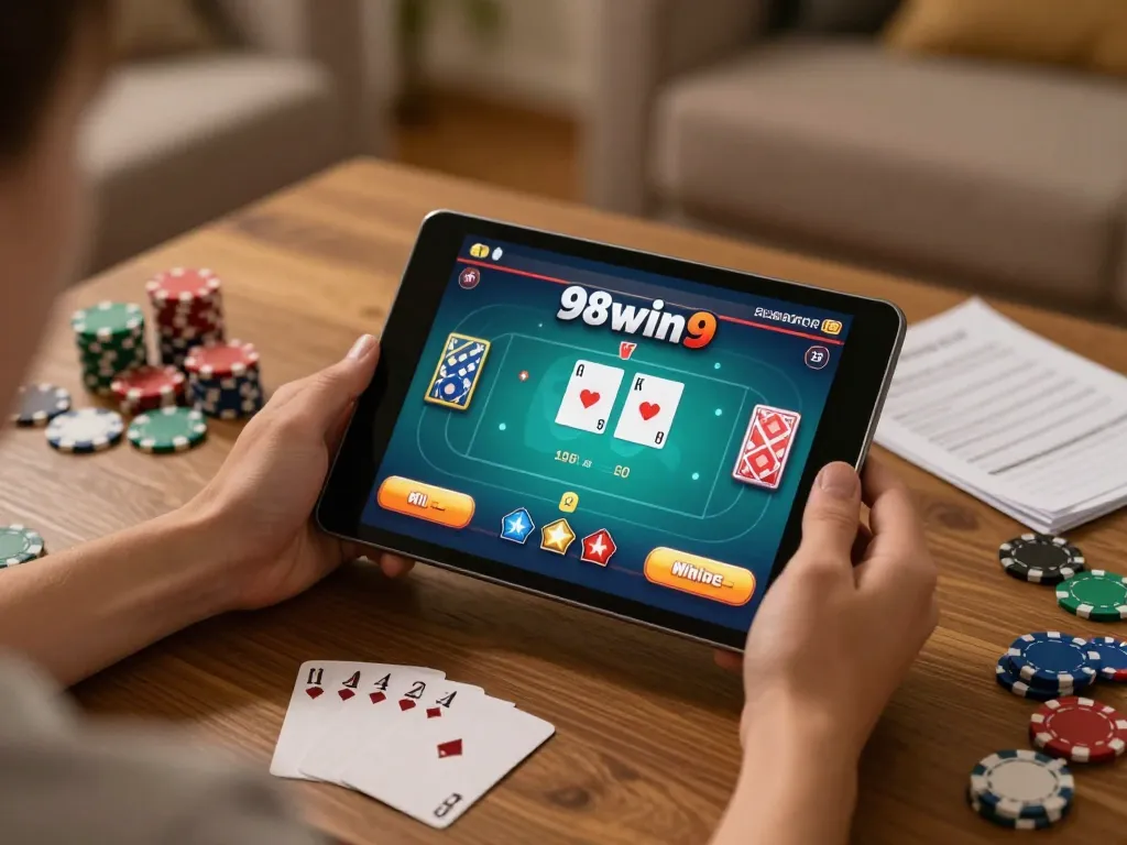 Player engaged in poker gameplay on 98win9, showcasing mobile gaming strategy in a cozy environment.