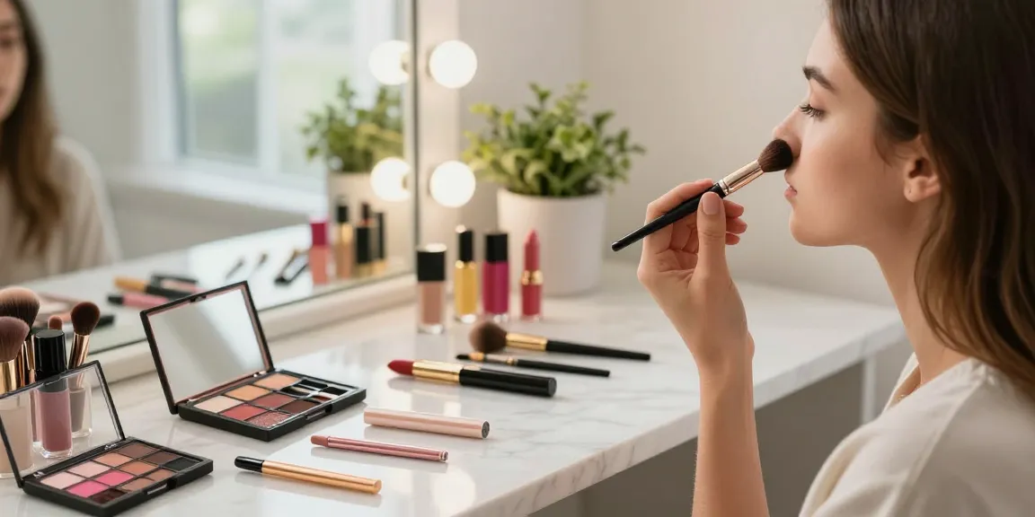 Application of makeup featuring an angled concealer brush on a model, highlighting beauty essentials in a bright vanity area.