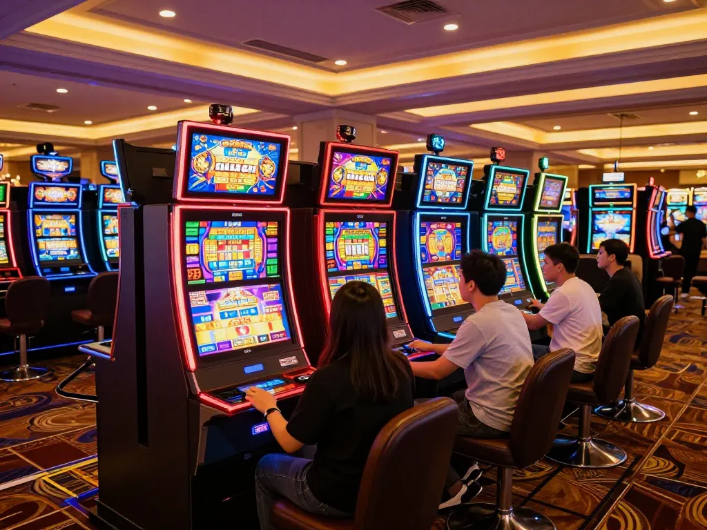 Experience the excitement of slot gacor hari ini with colorful slot machines and engaged players in a vibrant casino.