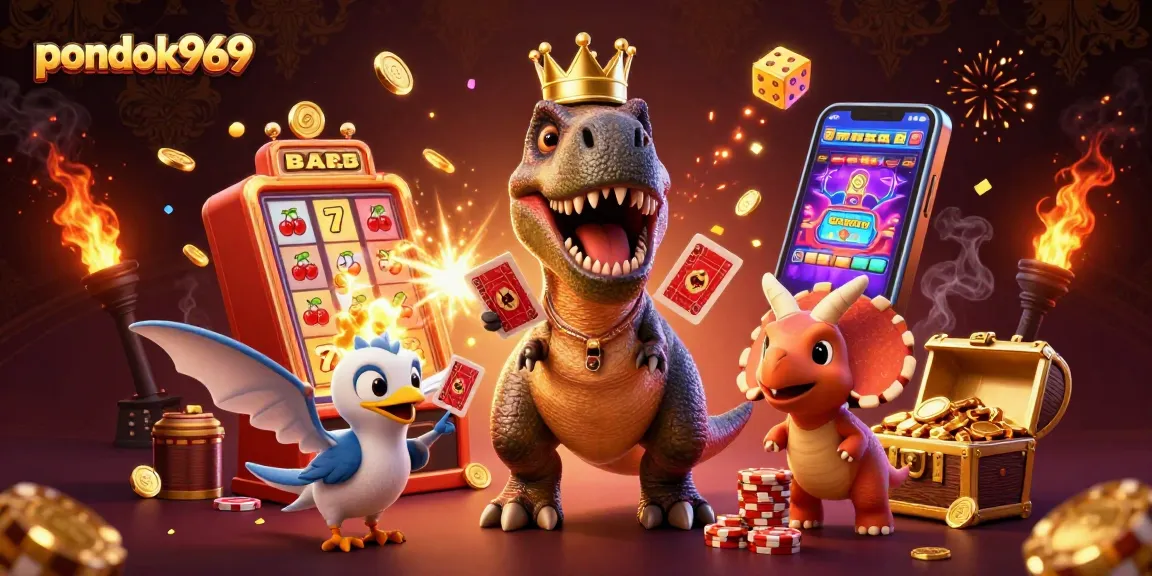 Engaging scene of pondok969 with a T-Rex shuffling cards, attracting luck at the slots.