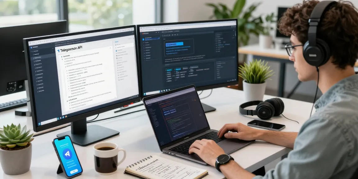 Developer coding with Telegram API on monitors at telegramin-cn.com workspace