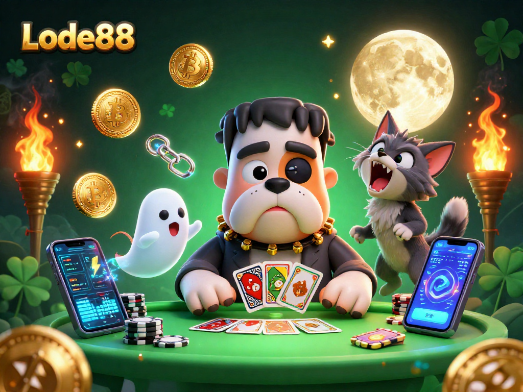 Lode88 features a spooky casino scene with a Frankenstein bulldog dealing cards, highlighting a fun gambling atmosphere.