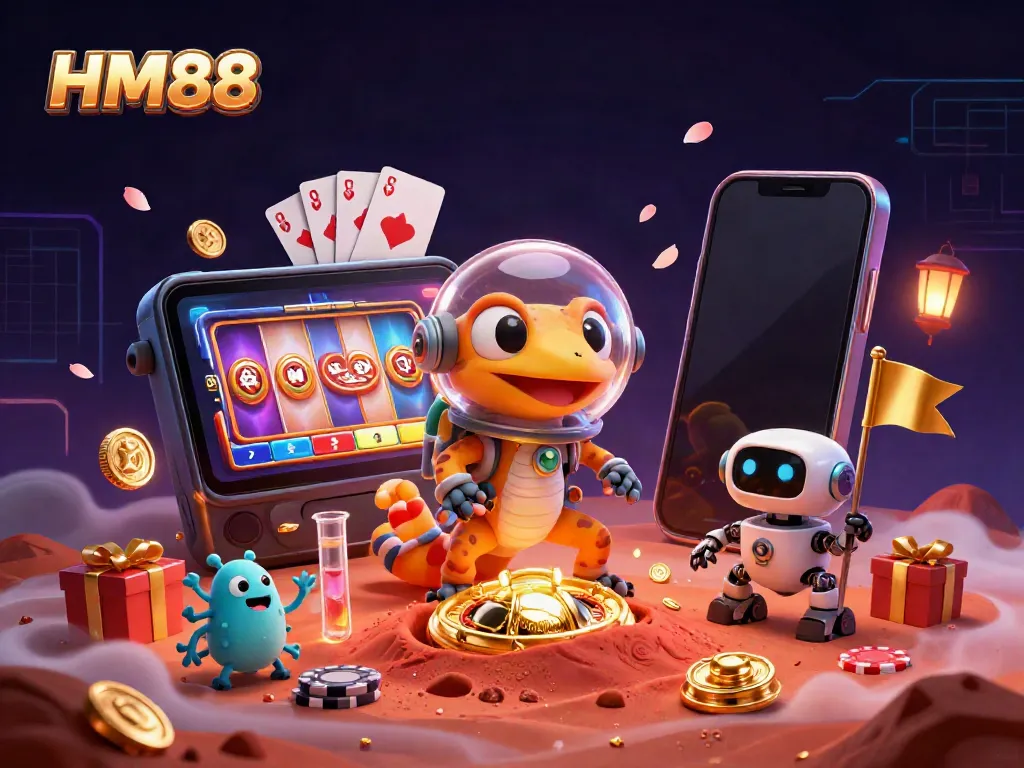 HM88 Martian gecko explores a casino with vibrant slot games and animated gold coins.