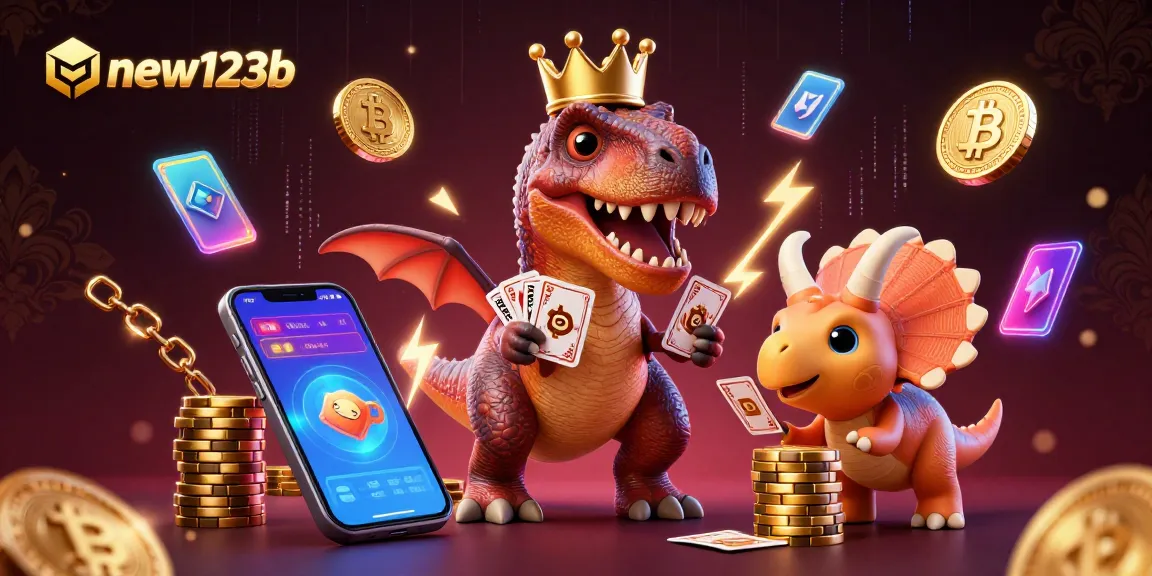 Engage with new123b as a T-Rex shuffles cards and a Triceratops stacks chips in a vibrant casino scene.