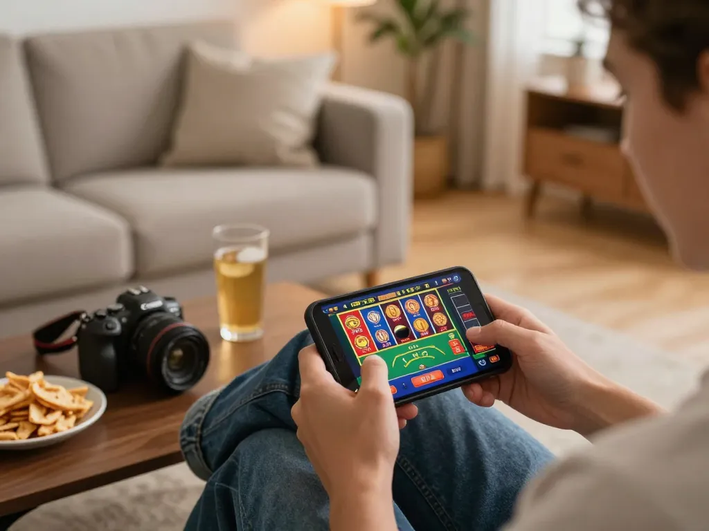 Engaging in responsible online gambling with nhà cái 388bet on a smartphone in a cozy home setting.
