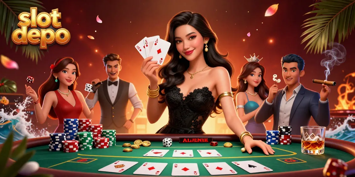 Experience thrilling gameplay with slot depo in a vibrant casino scene featuring playing cards and chips.