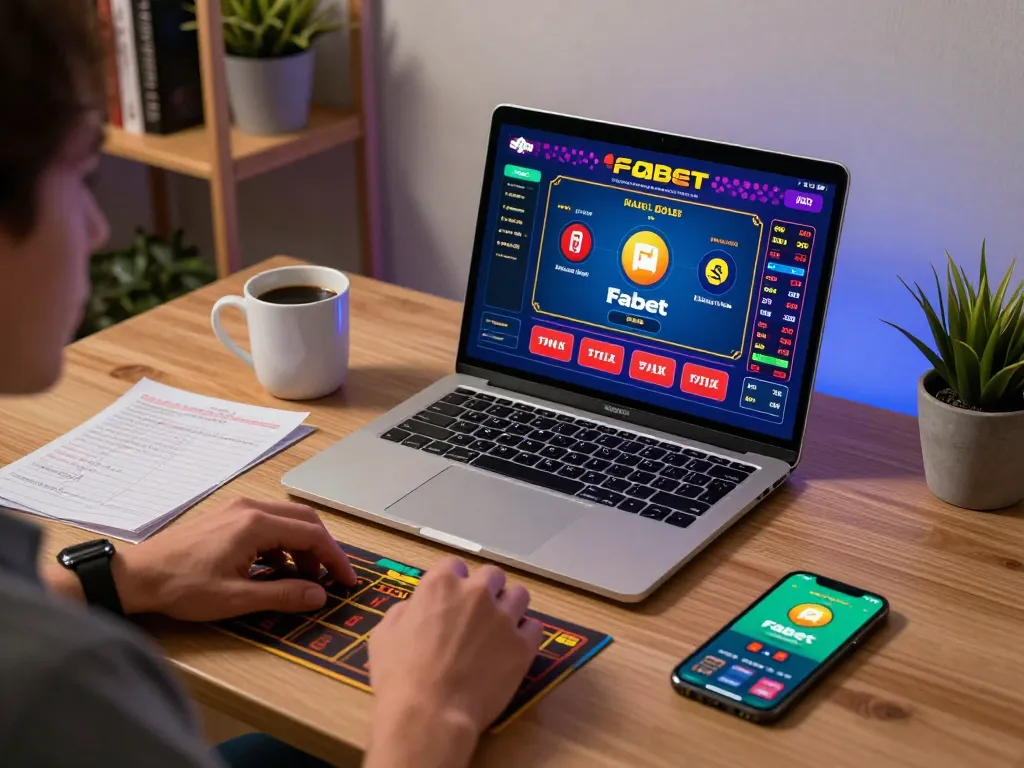 Player actively engaging in Fabet online gaming with a laptop, notes, and phone on a modern desk.