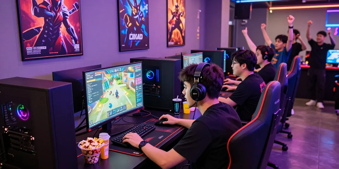 CIKA4D gaming lounge scene with gamers engrossed in online games, vibrant atmosphere.